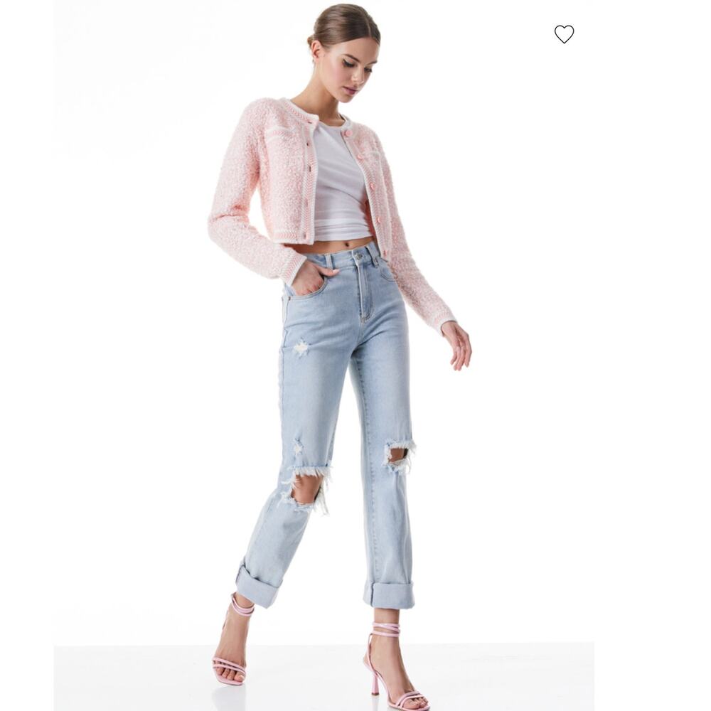 Alice + Olivia Noella Cropped Cardigan Medium Pink Boucle Knit Crew Button Front - Picture 12 of 15